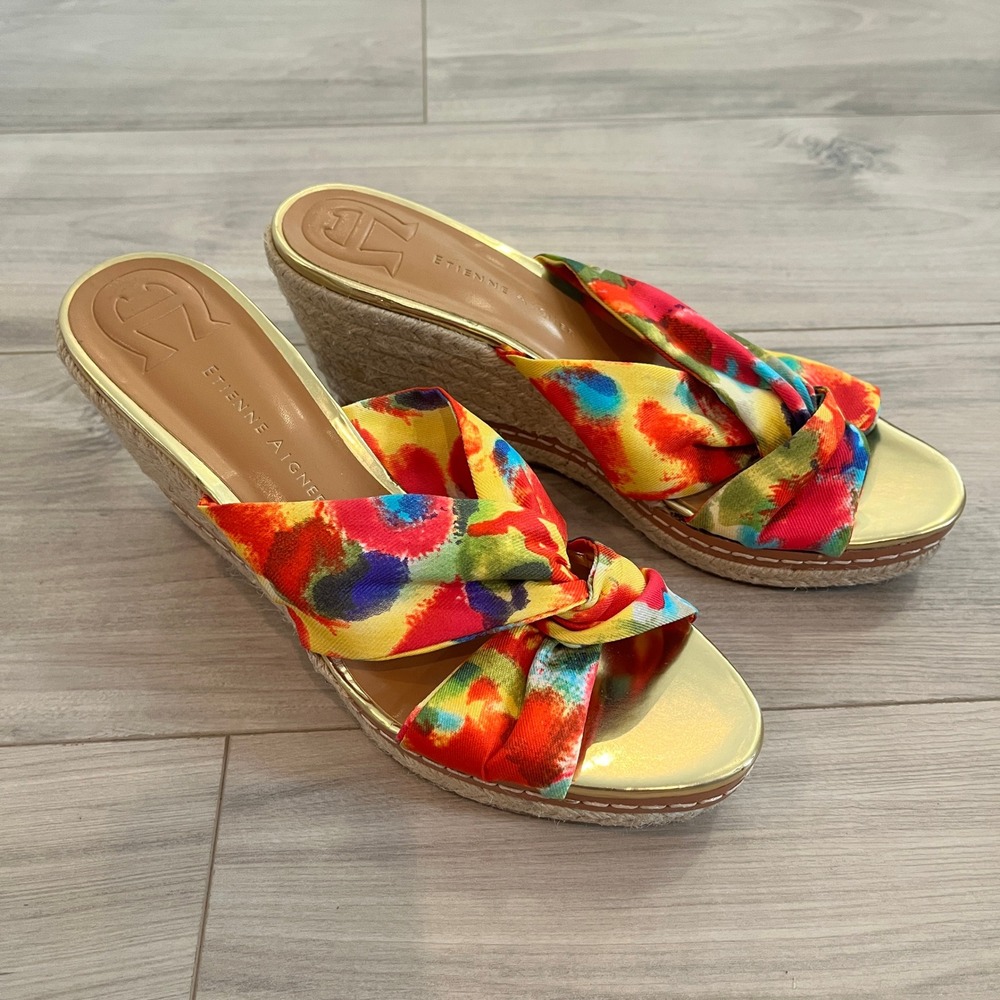Etienne Aigner Krista Espadrille Wedge Sandals Watercolor Multi 9M Knotted Slide